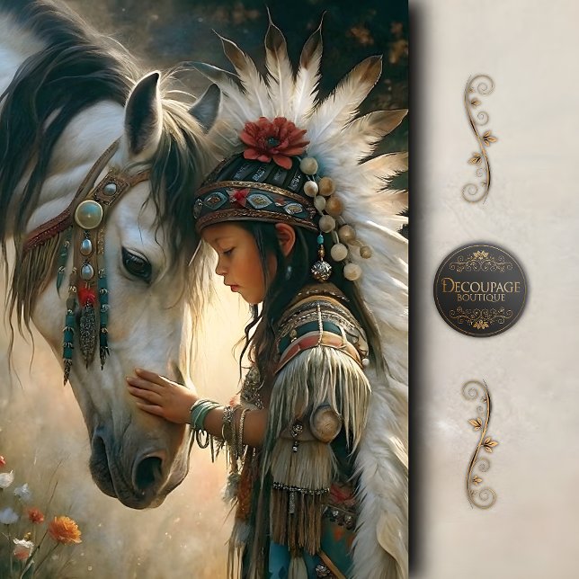 Native Girl with White Horse Decoupage Tissue Paper (Native Girl with White Horse)