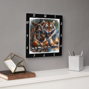 Native Glimpse: Tiger's Shadow River's Gleam Square Wall Clock