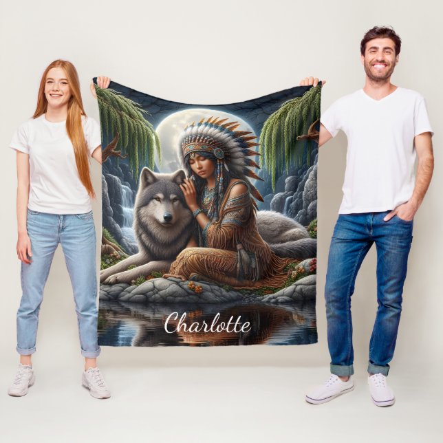 Native Indian and wolf share moonlight Fleece Blanket (In Situ)