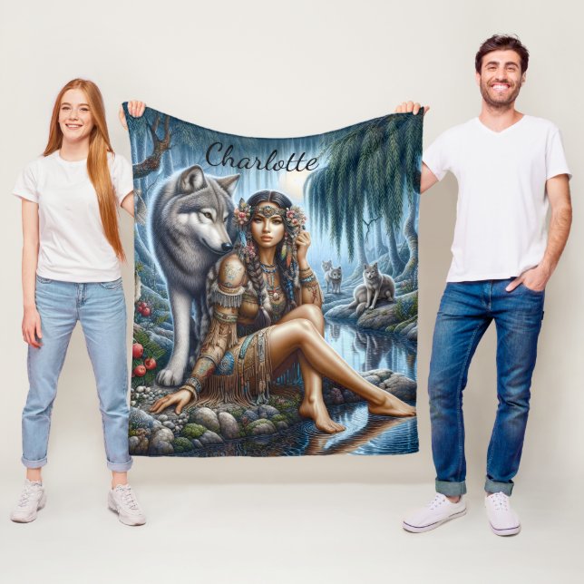 Native Indian and wolf share moonlight Fleece Blanket (In Situ)