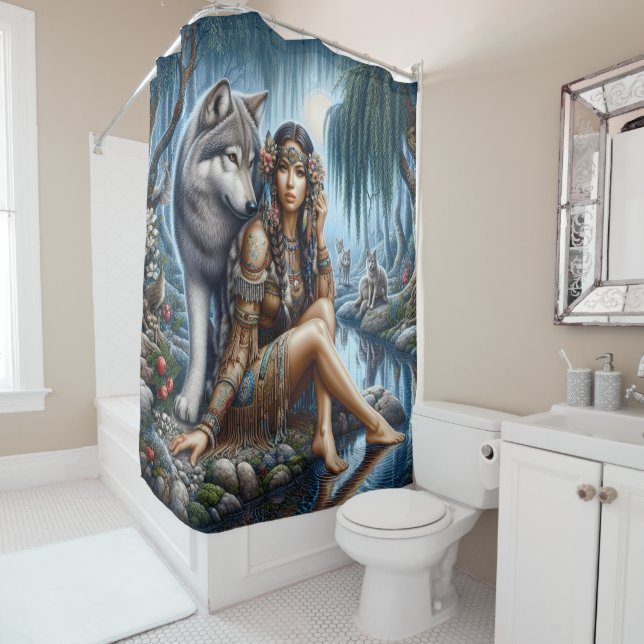 Native Indian and wolf share moonlight Shower Curtain (In Situ)