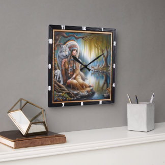 Native Indian Harmony: Firelight's Embrace Square Wall Clock