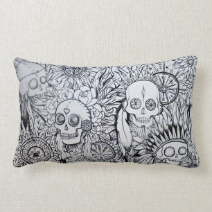native indian skull, feathers & flowers cushion