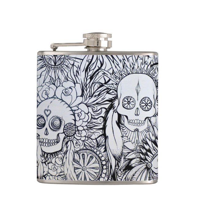 native indian skull hip flask gift tattoo style (Front)