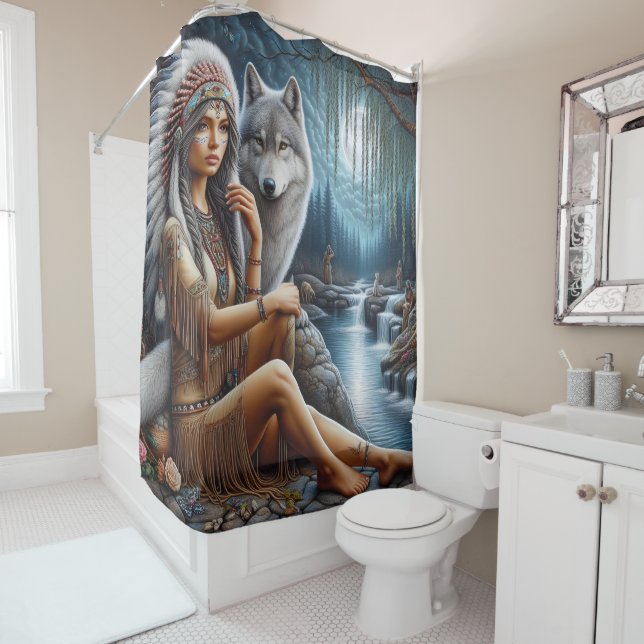 Native Indian woman and wolf by the tranquil river Shower Curtain (In Situ)