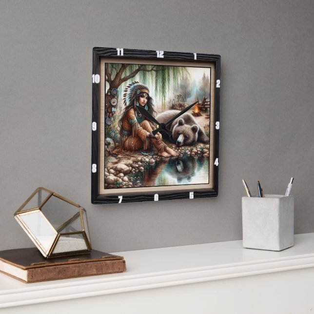 Native Indian Woman Bear Spirit Square Wall Clock (Office)