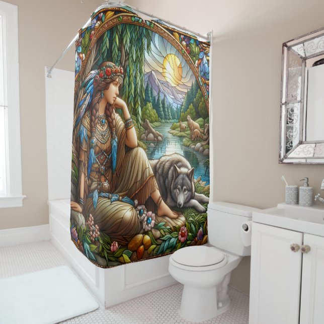 Native Indian woman peacefully rests with a wolf Shower Curtain (In Situ)
