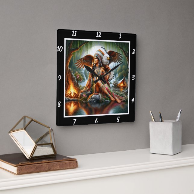 Native Journeys: Eagle's Path Willow's Breeze Square Wall Clock (Office)