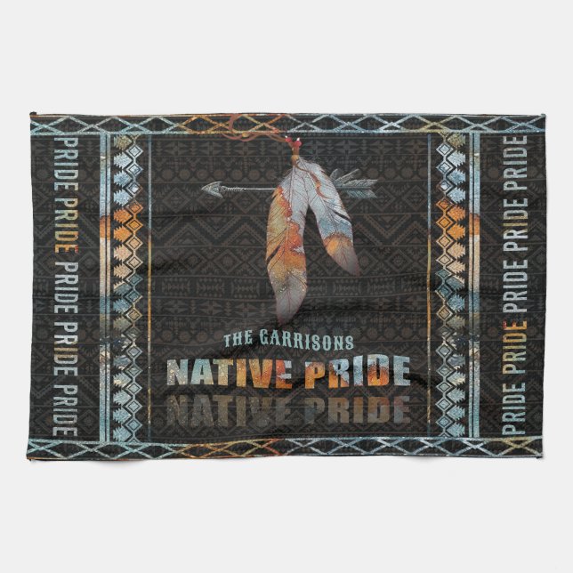 Native Pride Indian Feather Retro Tribal Arrow Tea Towel (Horizontal)