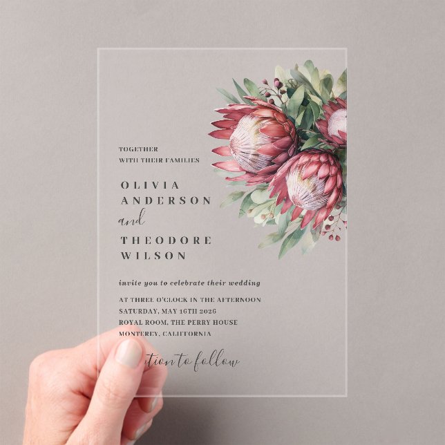 Native Protea Watercolor Floral Boho Botanical Acrylic Invitations (Insitu (Handheld))