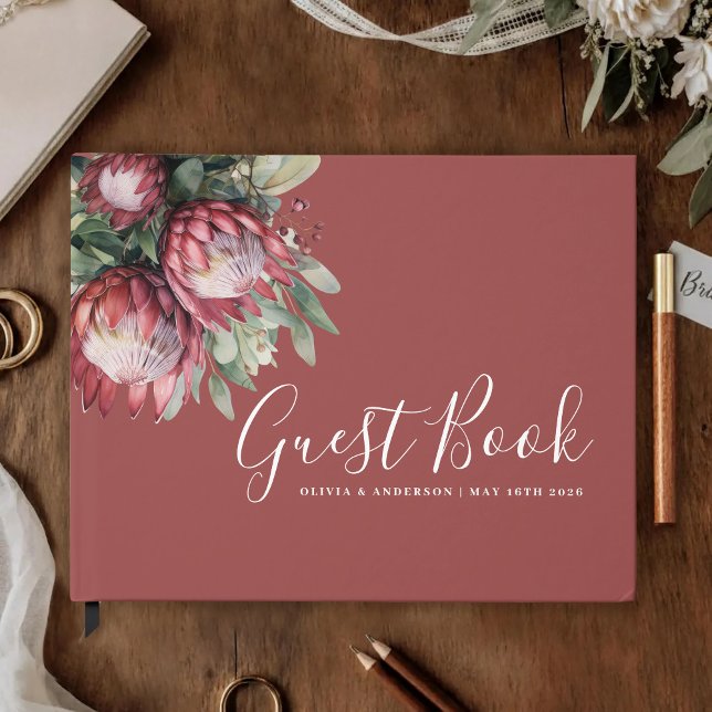 Native Protea Watercolor Floral Boho Botanical Guest Book (Creator Uploaded)