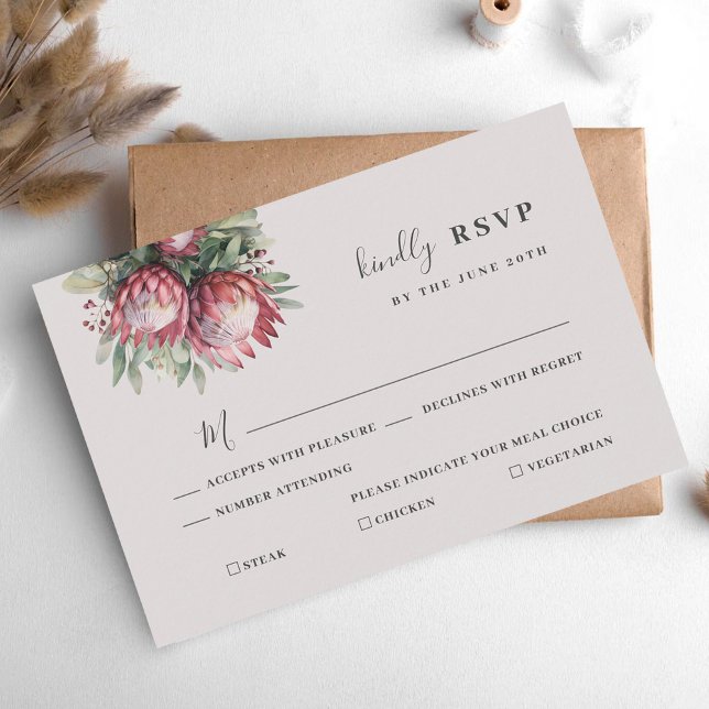 Native Protea Watercolor Floral Boho Botanical RSVP Card (Creator Uploaded)