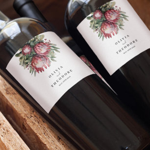Native Protea Watercolor Floral Boho Botanical Wine Label
