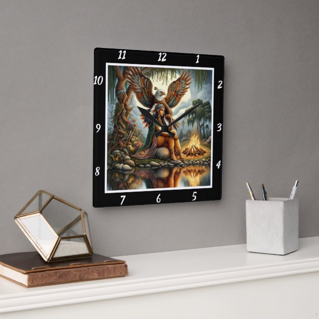Native Sanctums: Eagle's Heart Stone's Whisper Square Wall Clock (Office)