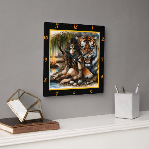 Native Secrets: Tiger's Whispers Moon's Glow Square Wall Clock