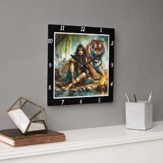 Native Shadows: Tiger's Form Star's Glow Square Wall Clock