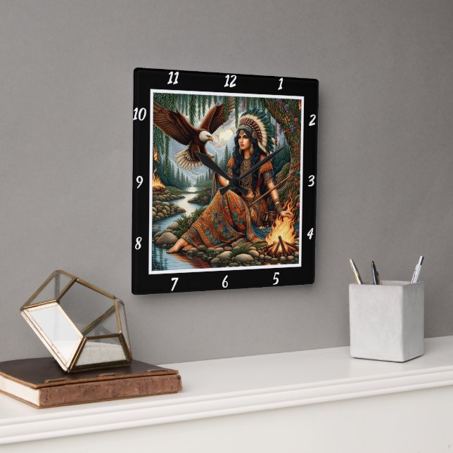 Native Skies: Eagle's Journey Mountain's Vista Square Wall Clock (Office)