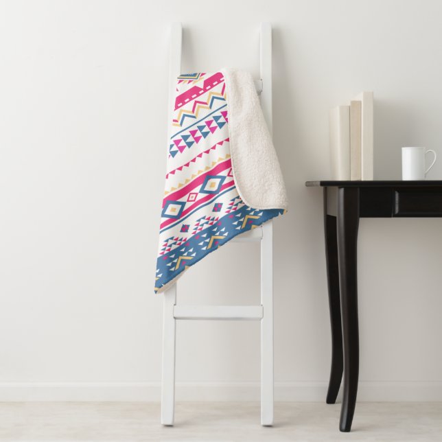 Native Southwest Pink and Blue Tribal Pattern  Sherpa Blanket (In Situ)
