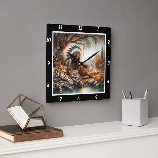Native Spirit: Tiger's Heart Stone's Whisper Square Wall Clock (Office)