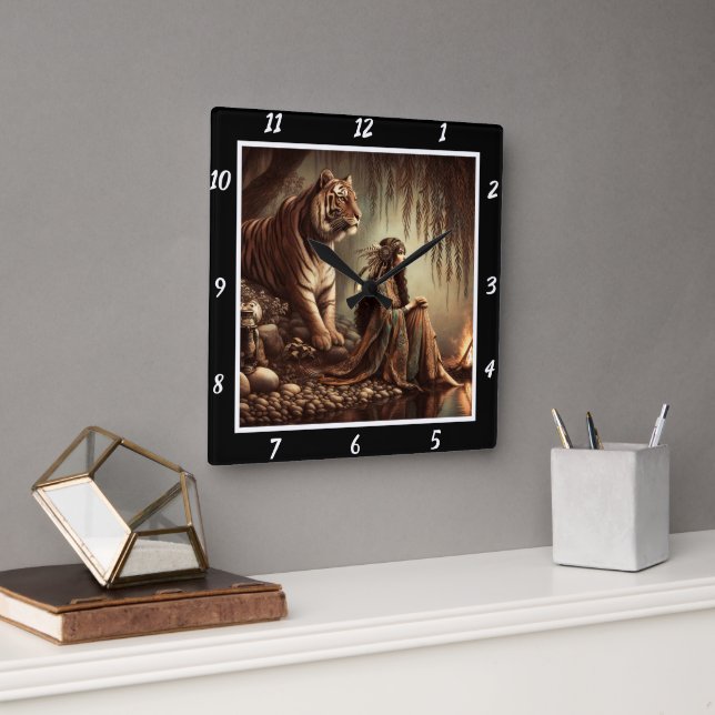 Native Tranquillity: Tiger's Calm Silver Pond Square Wall Clock (Office)