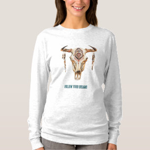 Native Tribal Bull Horns Skull   T-Shirt