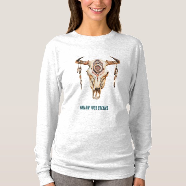 Native Tribal Bull Horns Skull   T-Shirt (Front)