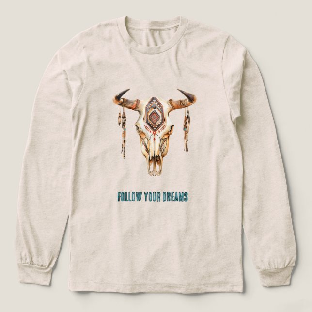 Native Tribal Bull Horns Skull   Tri-Blend Shirt (Design Front)