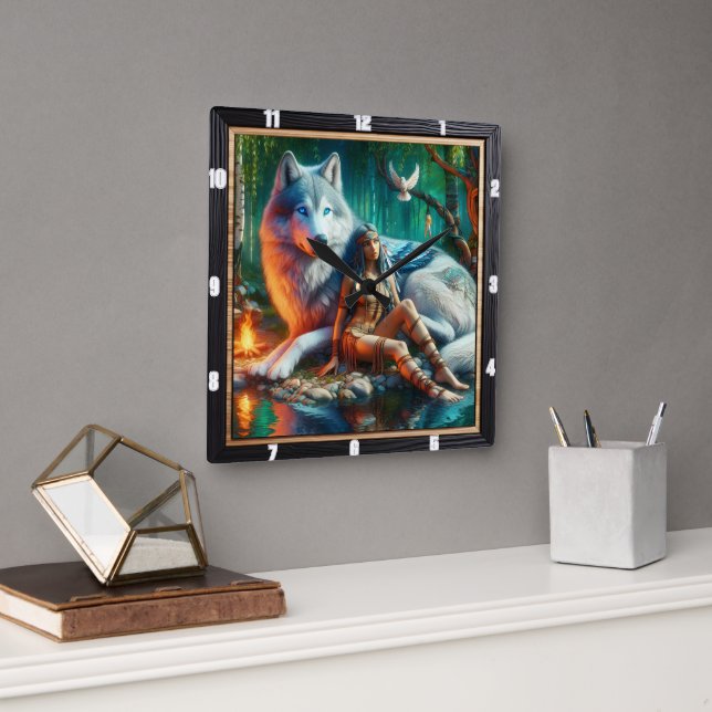 Native Vision: Moonlight Glade Ancient Wisdom Square Wall Clock (Office)