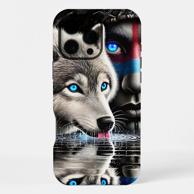 Native Warrior and Wolf Moonlit Reflection iPhone Case (Back)
