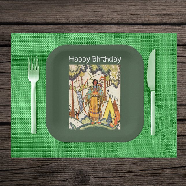 Native Western American Indian Woman Woods Green Paper Plate (Native American woman in woods tepee embroidered texture on dark green paper party plates.)