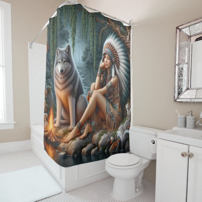 Native woman and wolf by the stream shower curtain (In Situ)