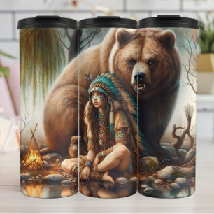 Native Woman, Bear, Fire: Personalise Thermal Tumbler