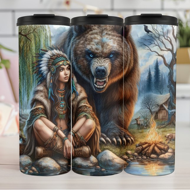 Native Woman, Bear, Fire Thermal Tumbler (Creator Uploaded)