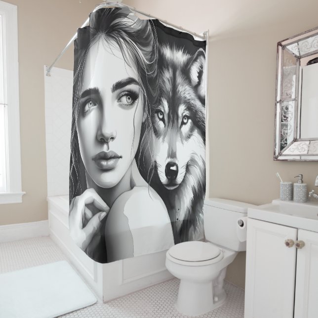Native woman bonds with noble wolf shower curtain (In Situ)