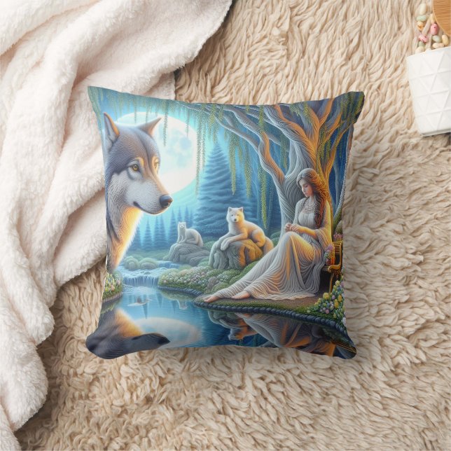 Native Woman by Wolf by Water Cushion (Blanket)