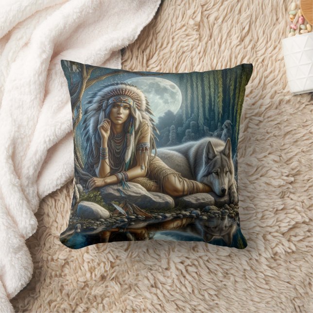 Native Woman Cuddles Wolf by Moonlit Water Cushion (Blanket)