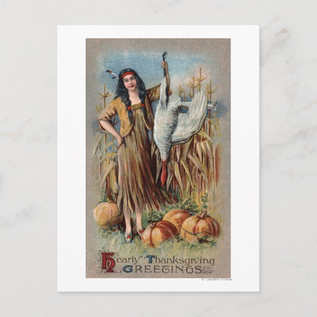 Native Woman Holding Turkey Postcard (Front)