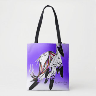 Native woman via eagle feathers /purple tote bag