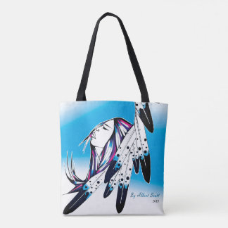 Native woman via Eagle feathers tote bag