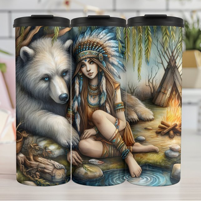 Native Woman, White Bear Thermal Tumbler (Creator Uploaded)