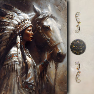 Native Woman & White Horse Headdress Decoupage Tissue Paper