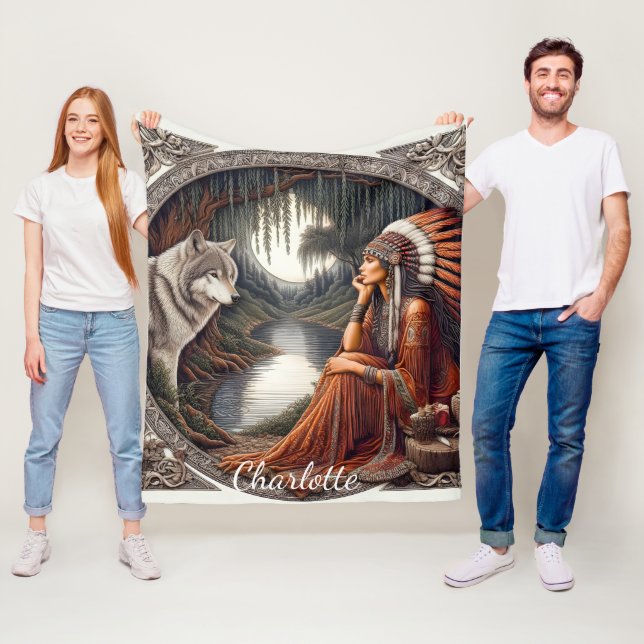 Native woman with a wolf by the river fleece blanket (In Situ)