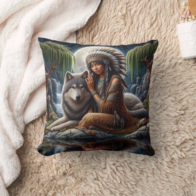 Native Woman With Wolf by Moonlit Lake Cushion (Blanket)