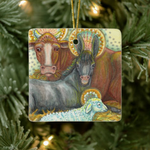 NATIVITY ANIMALS IN STABLE, OX, DONKEY & SHEEP CERAMIC ORNAMENT