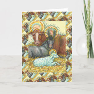 NATIVITY ANIMALS IN STABLE, OX, DONKEY & SHEEP HOLIDAY CARD