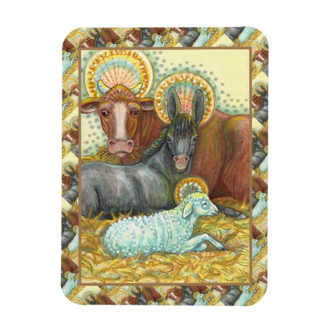 NATIVITY ANIMALS IN STABLE, OX, DONKEY & SHEEP MAGNET (Vertical)