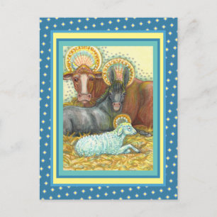 NATIVITY ANIMALS IN STABLE, OX, DONKEY & SHEEP POSTCARD