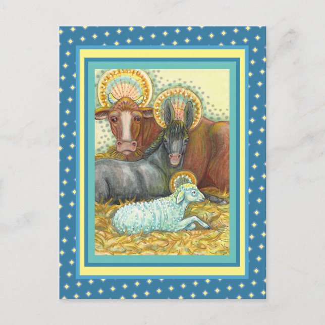 NATIVITY ANIMALS IN STABLE, OX, DONKEY & SHEEP POSTCARD (Front)