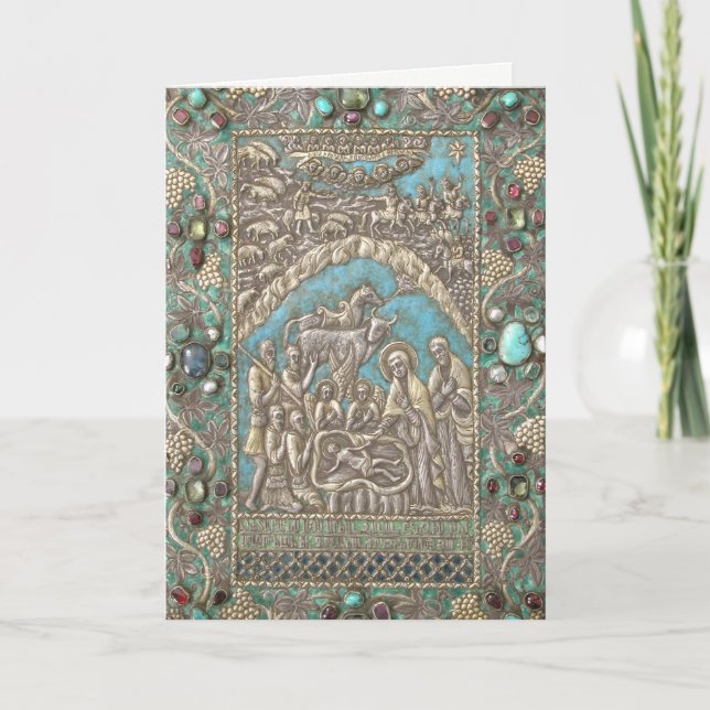 Nativity Antique Silver Turquoise Gems Holiday Card (Front)