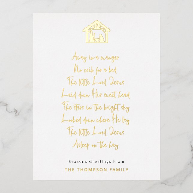 Nativity Away In A Manger Lyrics Name Real Foil Holiday Postcard (Front)